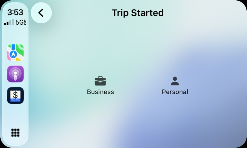 CarPlay screen showing Trip Started with Business and Personal buttons
