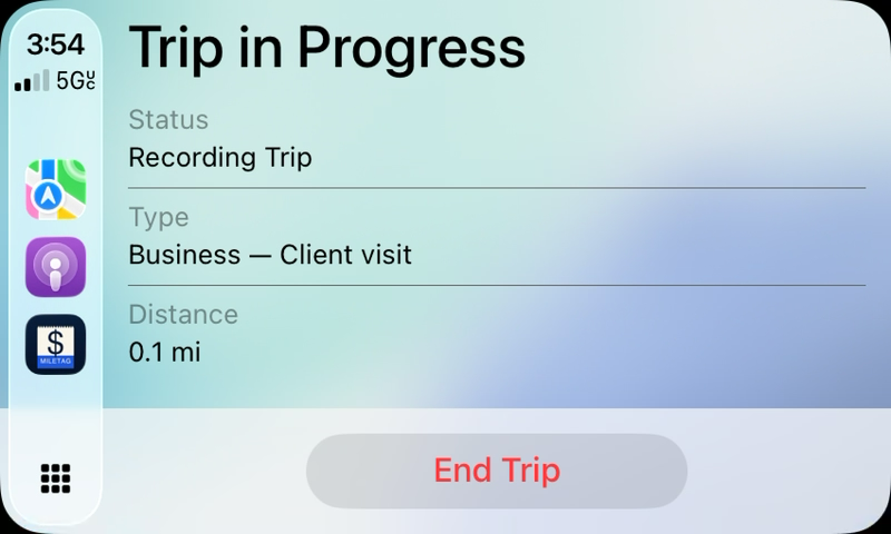CarPlay screen showing Trip in Progress with Recording status, Business — Client visit type, distance, and End Trip button