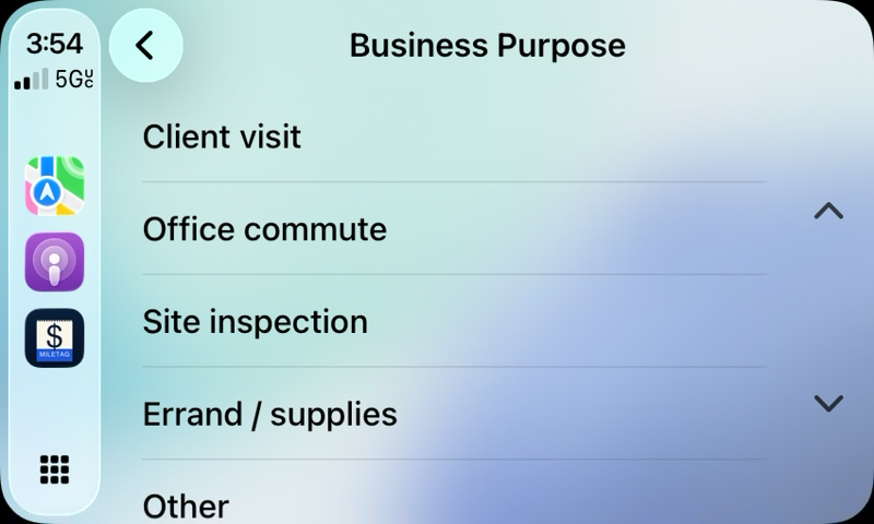 CarPlay screen showing Business Purpose list: Client visit, Office commute, Site inspection, Errand