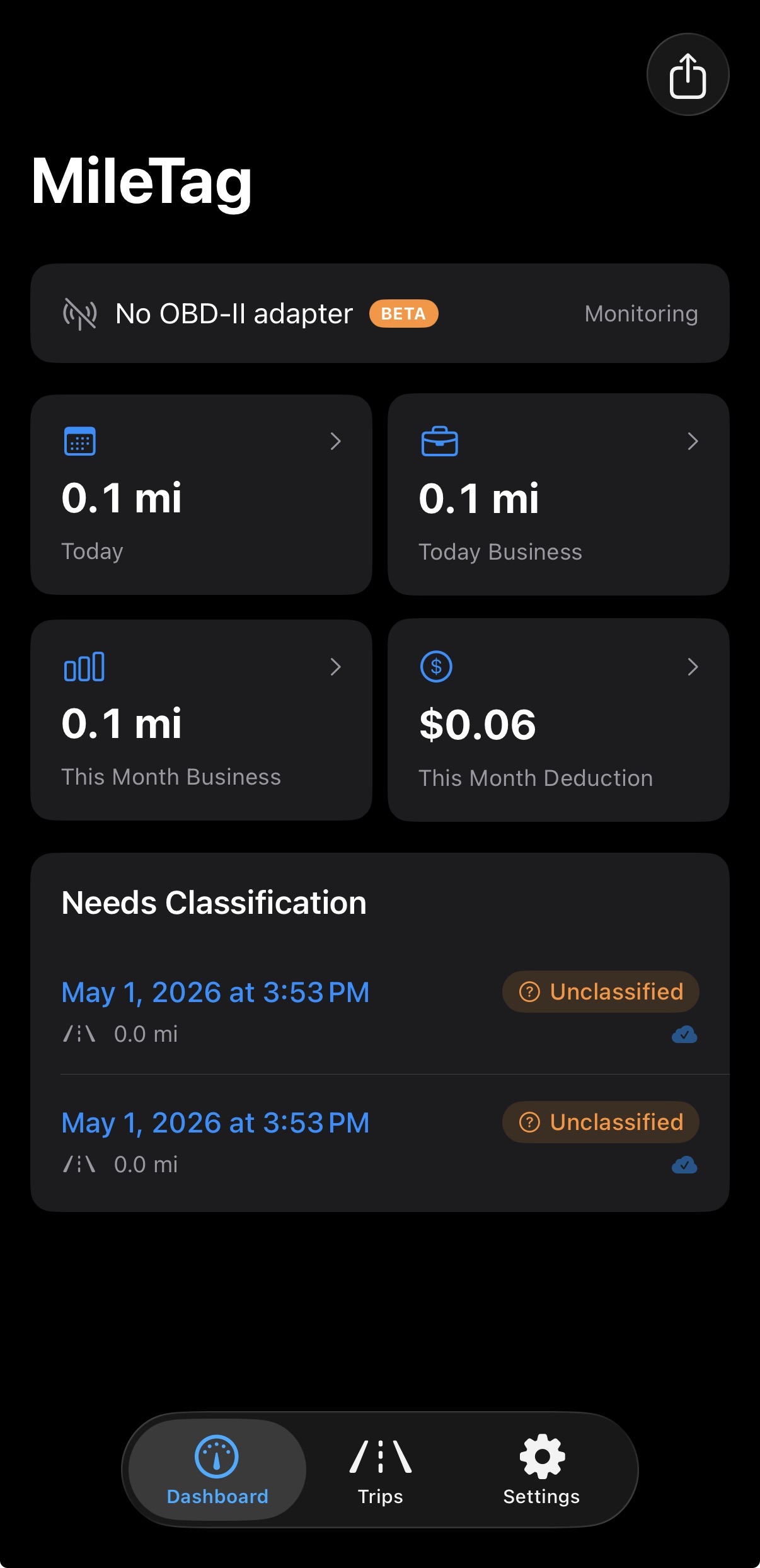 MileTag dashboard