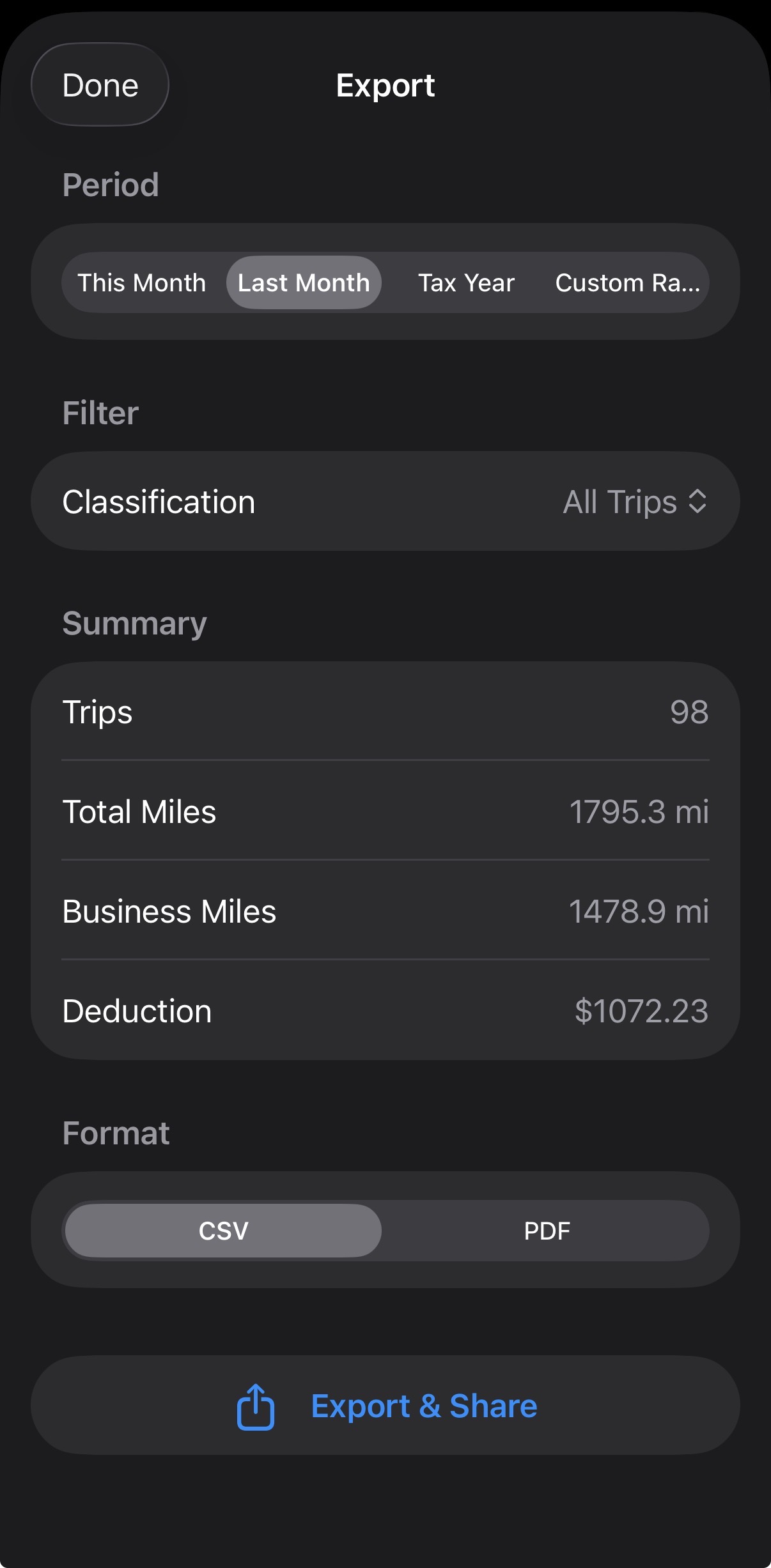 Export sheet showing month total miles and deduction value